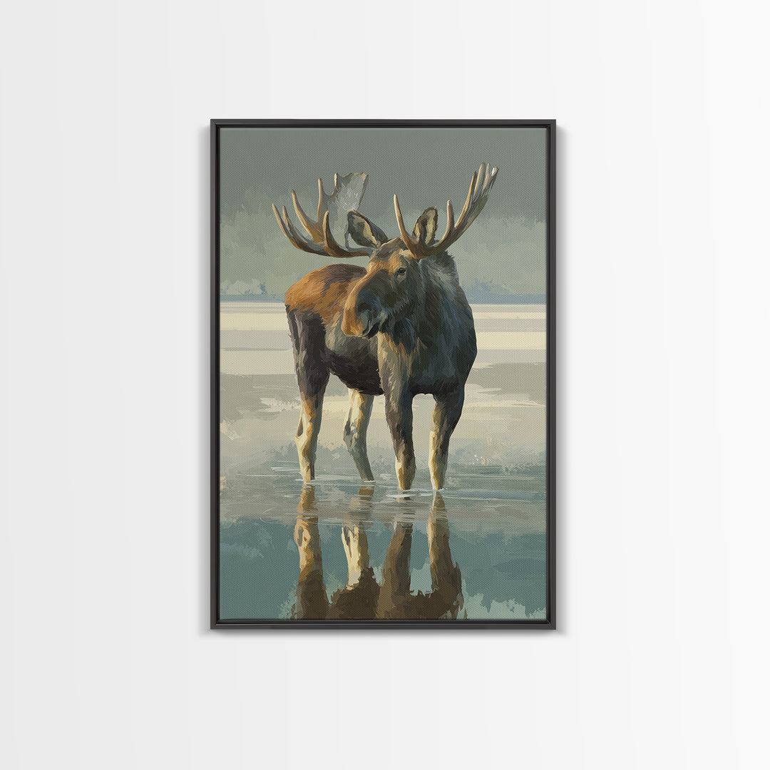 Moose Standing in Reflective Lake Framed Canvas Print, Wildlife Art, Digital Wall Art, Living Room Decor, Fine Art, Wild, WIL-2x3-75
