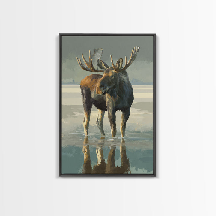 Moose Standing in Reflective Lake Framed Canvas Print, Wildlife Art, Digital Wall Art, Living Room Decor, Fine Art, Wild, WIL-2x3-75