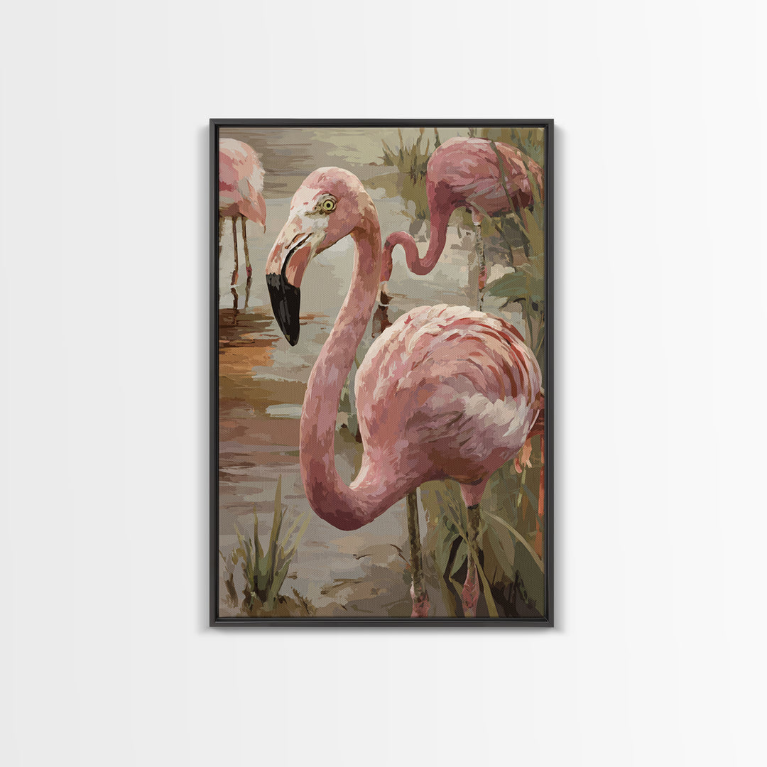 Flamingos in Pink Shallow Water Framed Canvas Print, Wildlife Art, Painting, Living Room Decor, Wild, Living Room Wall Art, WIL-2x3-78