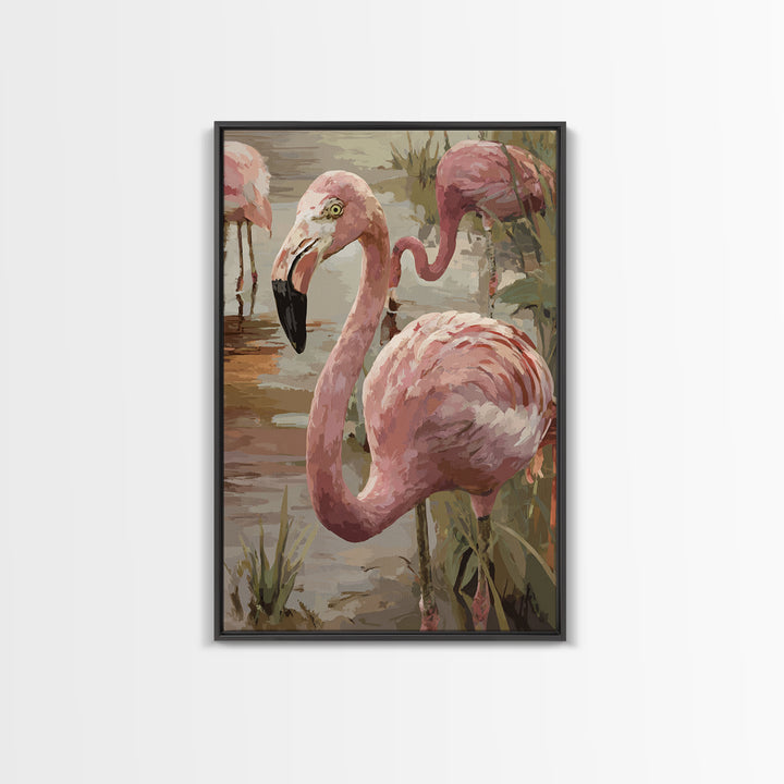 Flamingos in Pink Shallow Water Framed Canvas Print, Wildlife Art, Painting, Living Room Decor, Wild, Living Room Wall Art, WIL-2x3-78