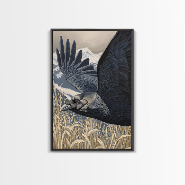 Raven Flying Through Snowy Mountains Framed Canvas Print, Wildlife Art, Landscape Art, Living Room Decor, Fine Art, Wild, WIL-2x3-8