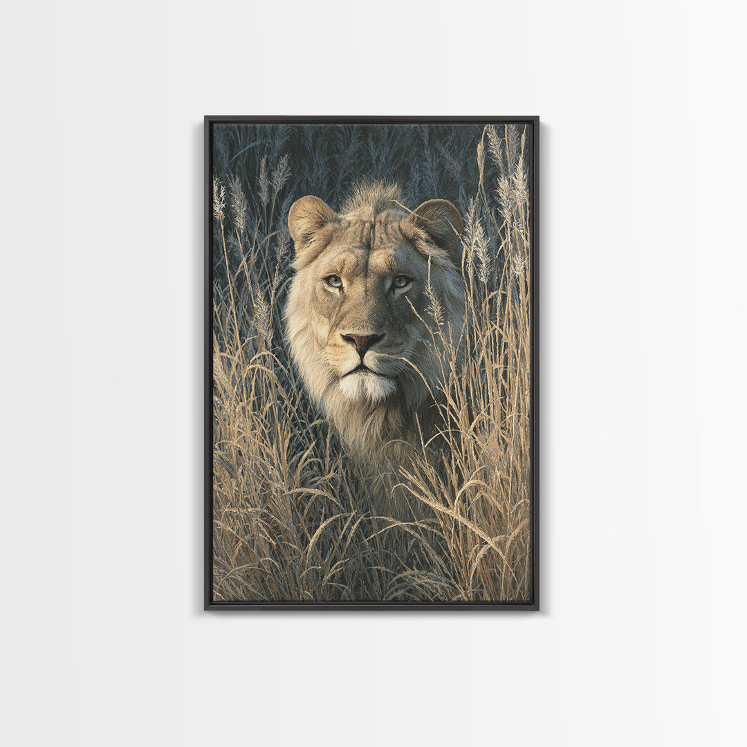 Lion Emerging from Golden Savanna Grass Canvas Print, Wildlife Art, Boho Wall Decor, Living Room Decor, Oil Painting, Wild, WIL-2x3-81