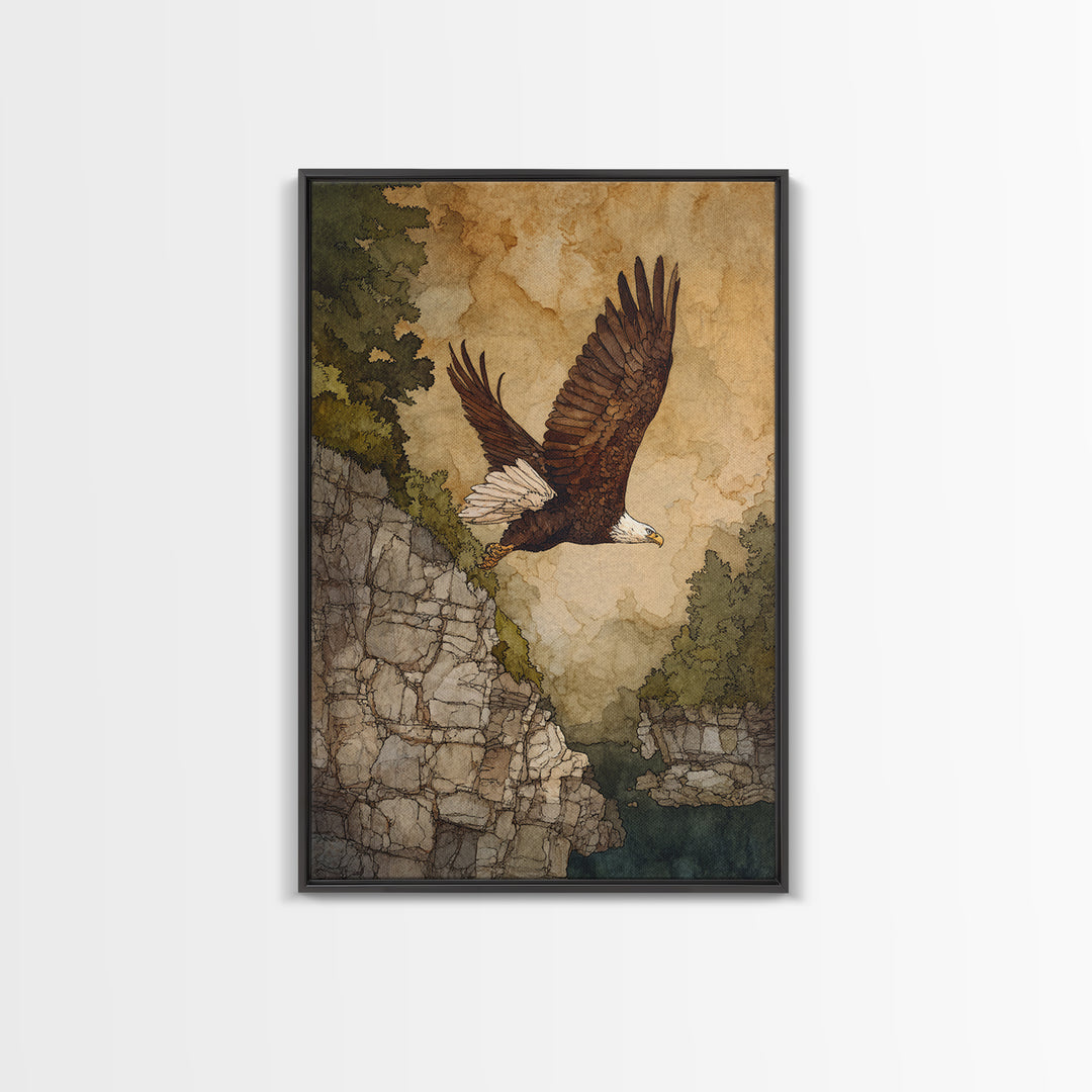 Eagle Soaring Above Rocky Cliffs Canvas Print, Wildlife Art, Oil Painting, Living Room Decor, Abstract Art, Wild, WIL-2x3-86