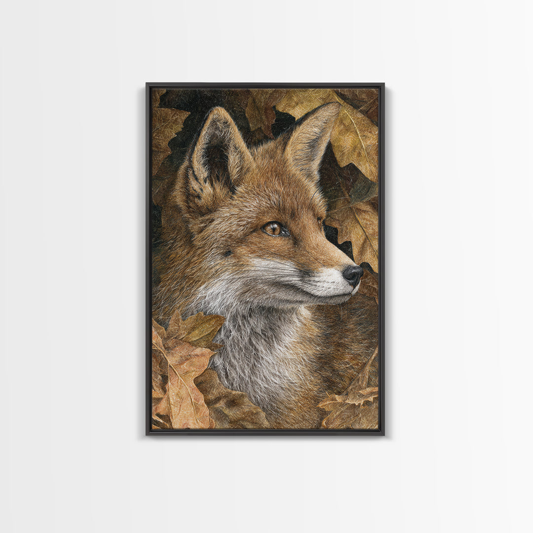 Fox in Autumn Forest Leaves Framed Canvas Print, Wildlife Art, Canvas Print, Living Room Decor, Fine Art, Wild, Forest Wall Art, WIL-2x3-89