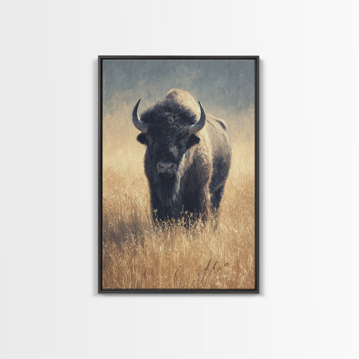 Bison on Wide Western Prairie Framed Canvas Print, Wildlife Art, Living Room Decor, Wild, Living Room Art, Canvas Painting, WIL-2x3-93