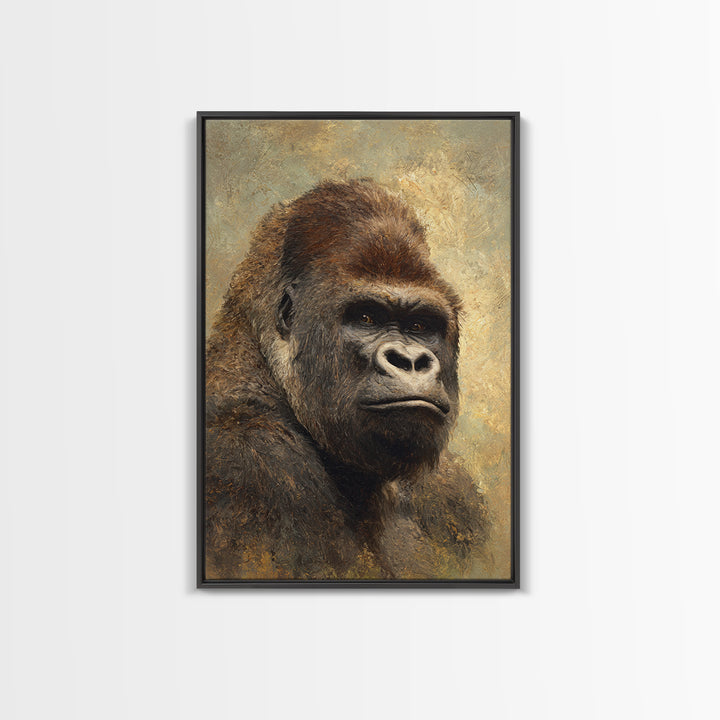 Gorilla Portrait with Powerful Gaze Framed Canvas Print, Wildlife Art, Wall Art Print, Living Room Decor, Oil Painting, Wild, WIL-2x3-97