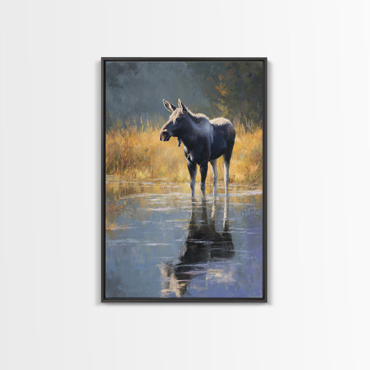 Moose Standing in Reflective Lake Canvas Print, Wildlife Art, Modern Wall Art, Living Room Decor, Fine Art, Wild, Bird Wall Art, WIL-2x3-99