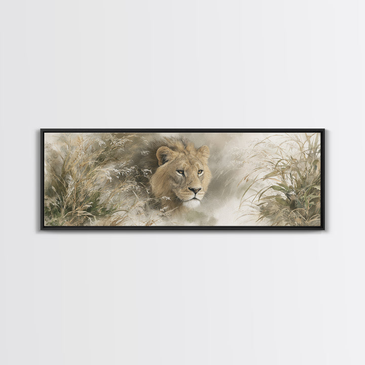 Lion Emerging from Golden Savanna Grass Framed Canvas Print, Wildlife Art, Bird Art, Living Room Decor, Fine Art, Wild, WIL-3x1-17