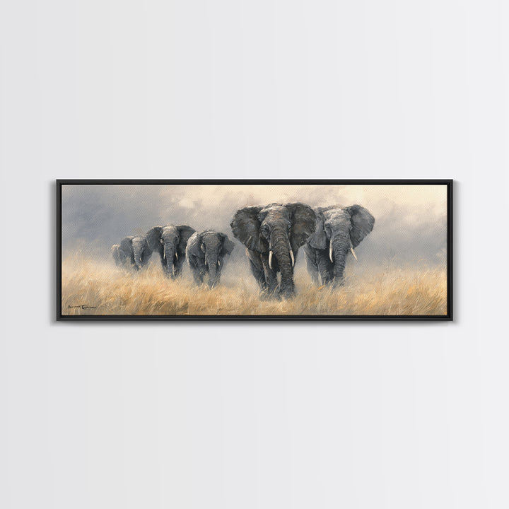 Elephant Herd Walking Through Dusty Sunset Framed Canvas Print, Wildlife Art, Original Art, Living Room Decor, Fine Art, Wild, WIL-3x1-18