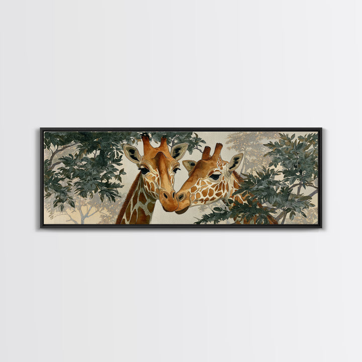 Giraffe Pair under Acacia Tree Framed Canvas Print, Wildlife Art, Boho Decor, Living Room Decor, Fine Art, Wild, Painting, WIL-3x1-23