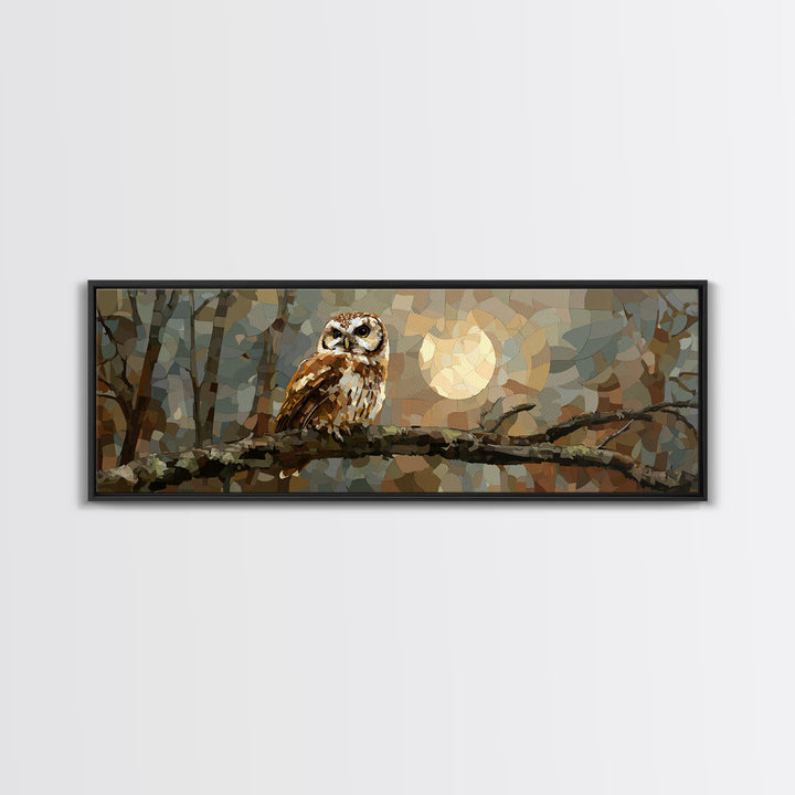Owl Perched in Moonlit Woodland Framed Canvas Print, Wildlife Art, Forest Wall Art, Living Room Decor, Oil Painting, Wild, WIL-3x1-28