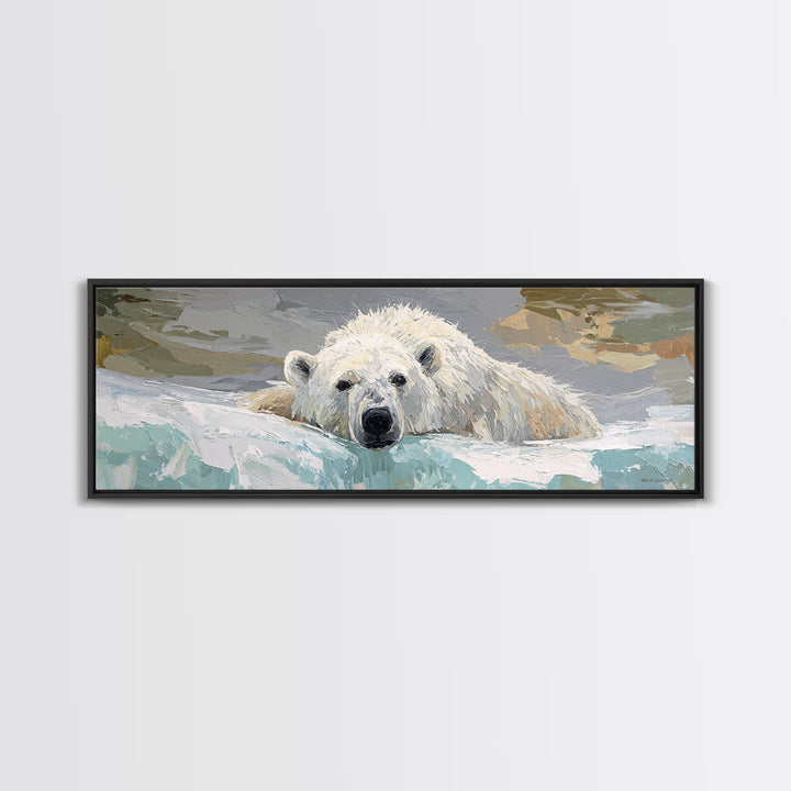 Polar Bear Crossing Blue Ice Canvas Print, Wildlife Art, Luxury Decor, Living Room Decor, Abstract Art, Wild, Oil Painting, WIL-3x1-31