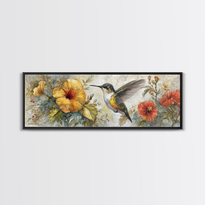 Hummingbird Beside Bright Flowers Framed Canvas Print, Wildlife Art, Unique Home Decor, Living Room Decor, Fine Art, Wild, WIL-3x1-32
