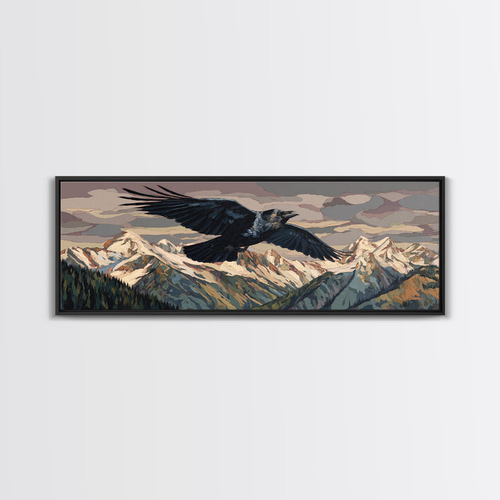 Raven Flying Through Snowy Mountains Canvas Print, Wildlife Art, Gallery Decor, Living Room Decor, Oil Painting, Wild, WIL-3x1-40
