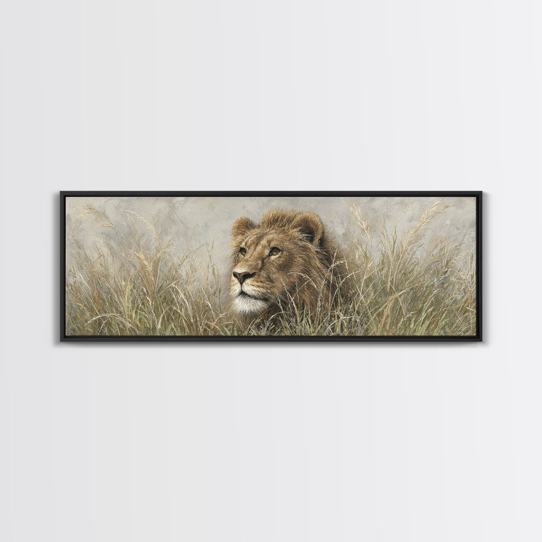 Lion Emerging from Golden Savanna Grass Canvas Print, Wildlife Art, Living Room Art, Living Room Decor, Watercolor Art, Wild, WIL-3x1-41