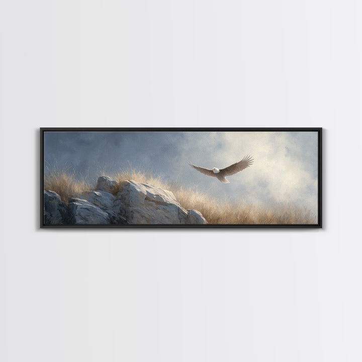 Eagle Soaring Above Rocky Cliffs Canvas Print, Wildlife Art, Canvas Print, Living Room Decor, Fine Art, Wild, Forest Wall Art, WIL-3x1-46