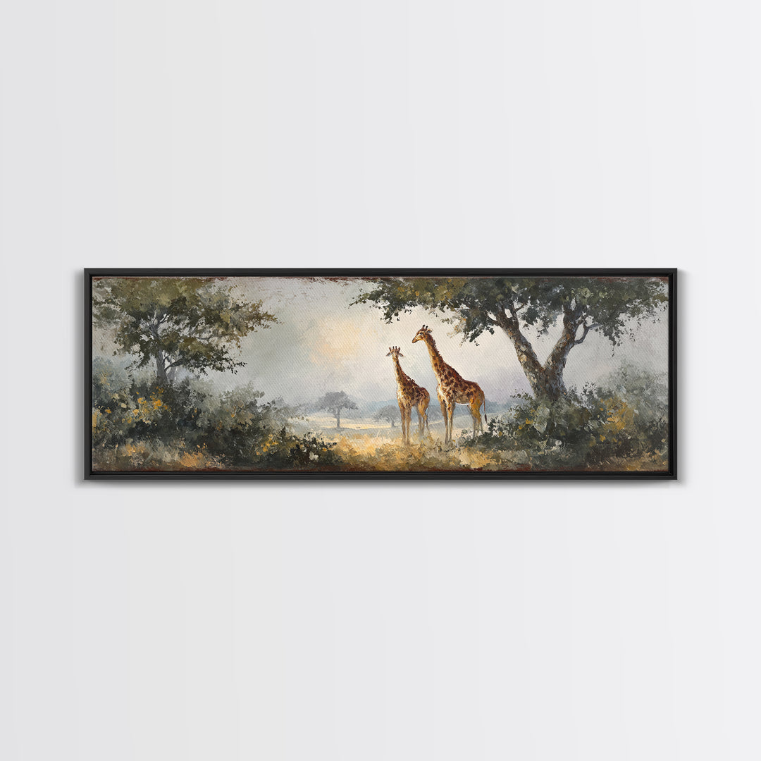 Giraffe Pair under Acacia Tree Framed Canvas Print, Wildlife Art, Wall Decor, Living Room Decor, Oil Painting, Wild, Bird Art, WIL-3x1-47