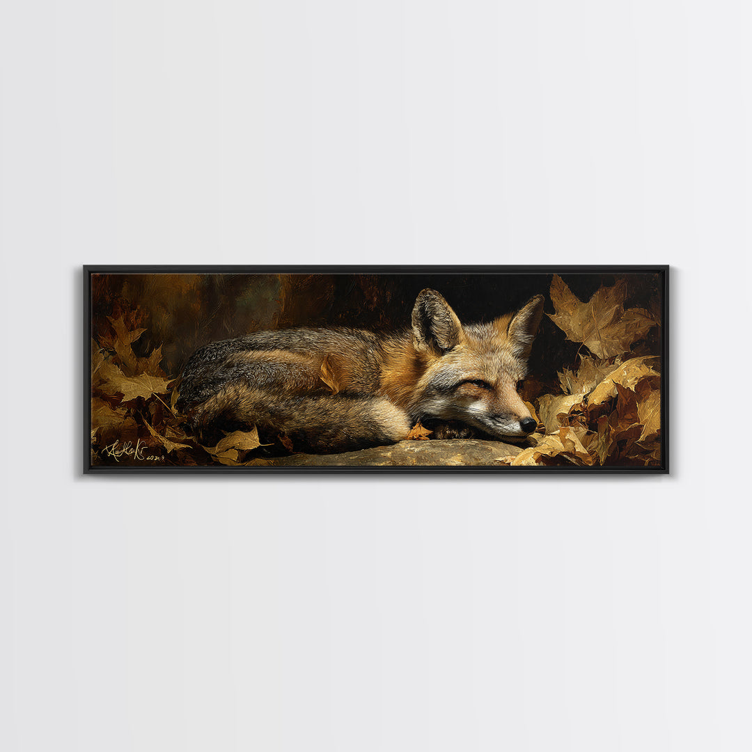 Fox in Autumn Forest Leaves Canvas Print, Wildlife Art, Modern Art, Living Room Decor, Fine Art, Wild, Neutral Decor, WIL-3x1-49