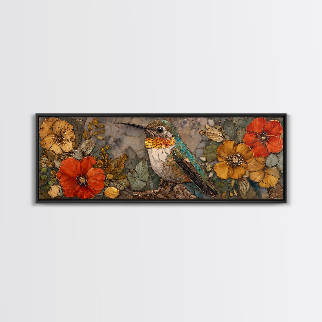 Hummingbird Beside Bright Flowers Framed Canvas Print, Wildlife Art, Textured Painting, Living Room Decor, Oil Painting, Wild, WIL-3x1-56