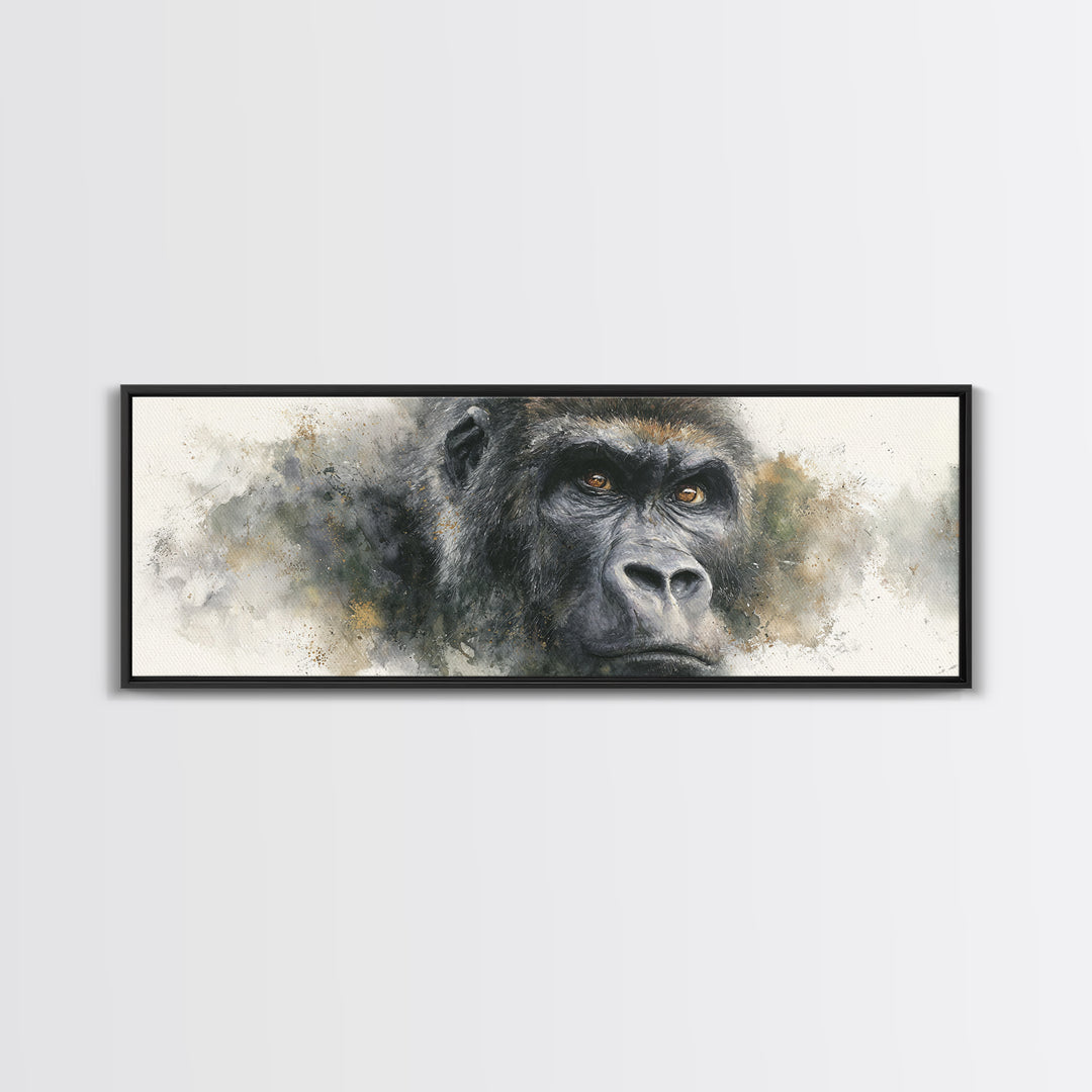 Gorilla Portrait with Powerful Gaze Framed Canvas Print, Wildlife Art, Leopard Wall Art, Living Room Decor, Fine Art, Wild, WIL-3x1-57