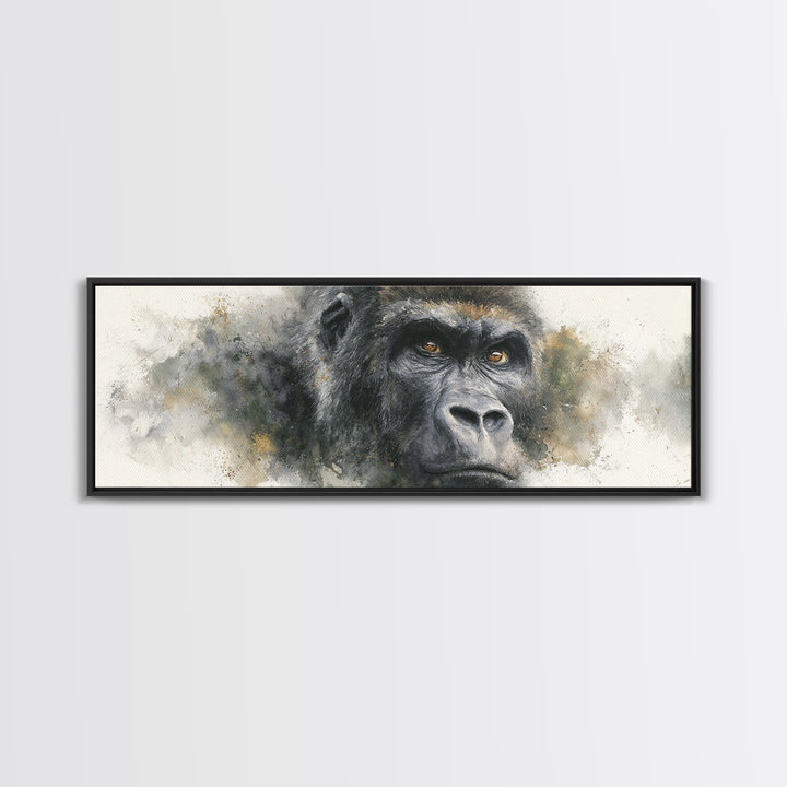 Gorilla Portrait with Powerful Gaze Framed Canvas Print, Wildlife Art, Leopard Wall Art, Living Room Decor, Fine Art, Wild, WIL-3x1-57