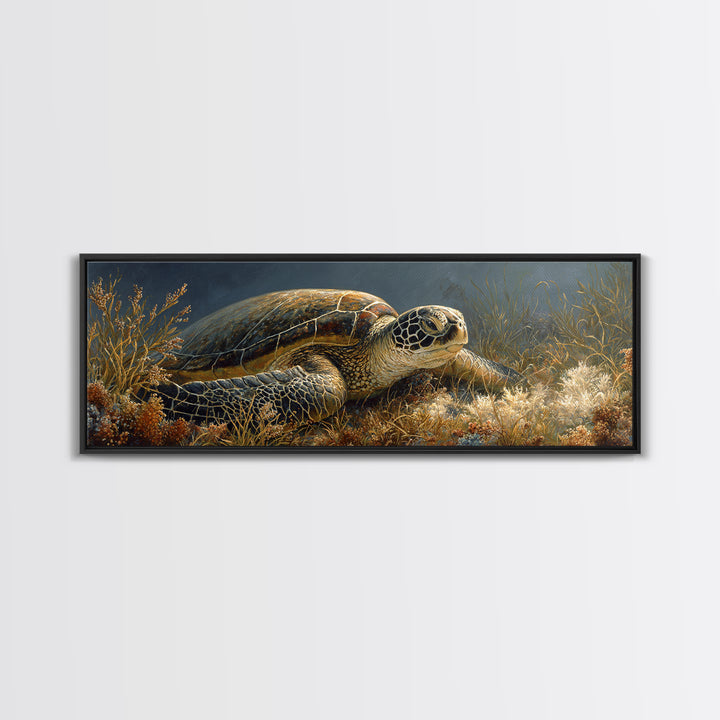 Sea Turtle over Coral Reef Framed Canvas Print, Wildlife Art, Modern Wall Art, Living Room Decor, Fine Art, Wild, Bird Wall Art, WIL-3x1-58