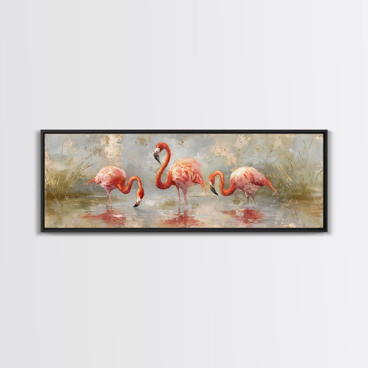 Flamingos in Pink Shallow Water Canvas Print, Wildlife Art, Gallery Decor, Living Room Decor, Oil Painting, Wild, WIL-3x1-62