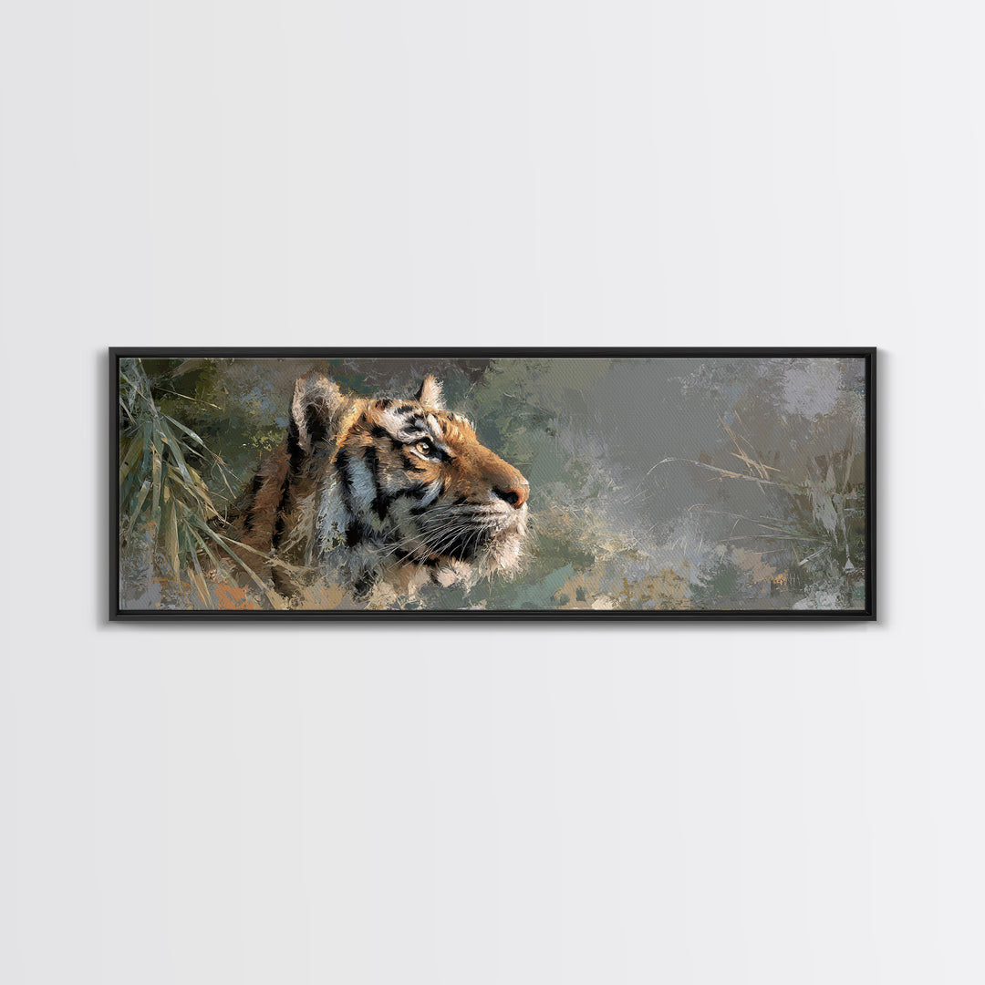 Tiger Portrait with Jungle Shadows Framed Canvas Print, Wildlife Art, Canvas Painting, Living Room Decor, Fine Art, Wild, WIL-3x1-69