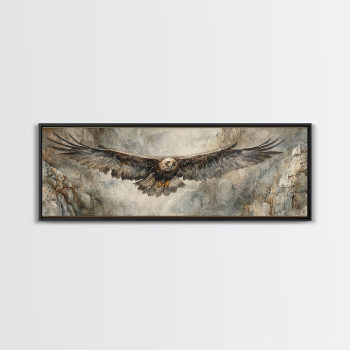 Eagle Soaring Above Rocky Cliffs Canvas Print, Wildlife Art, Art Print, Living Room Decor, Oil Painting, Wild, Digital Wall Art, WIL-3x1-70