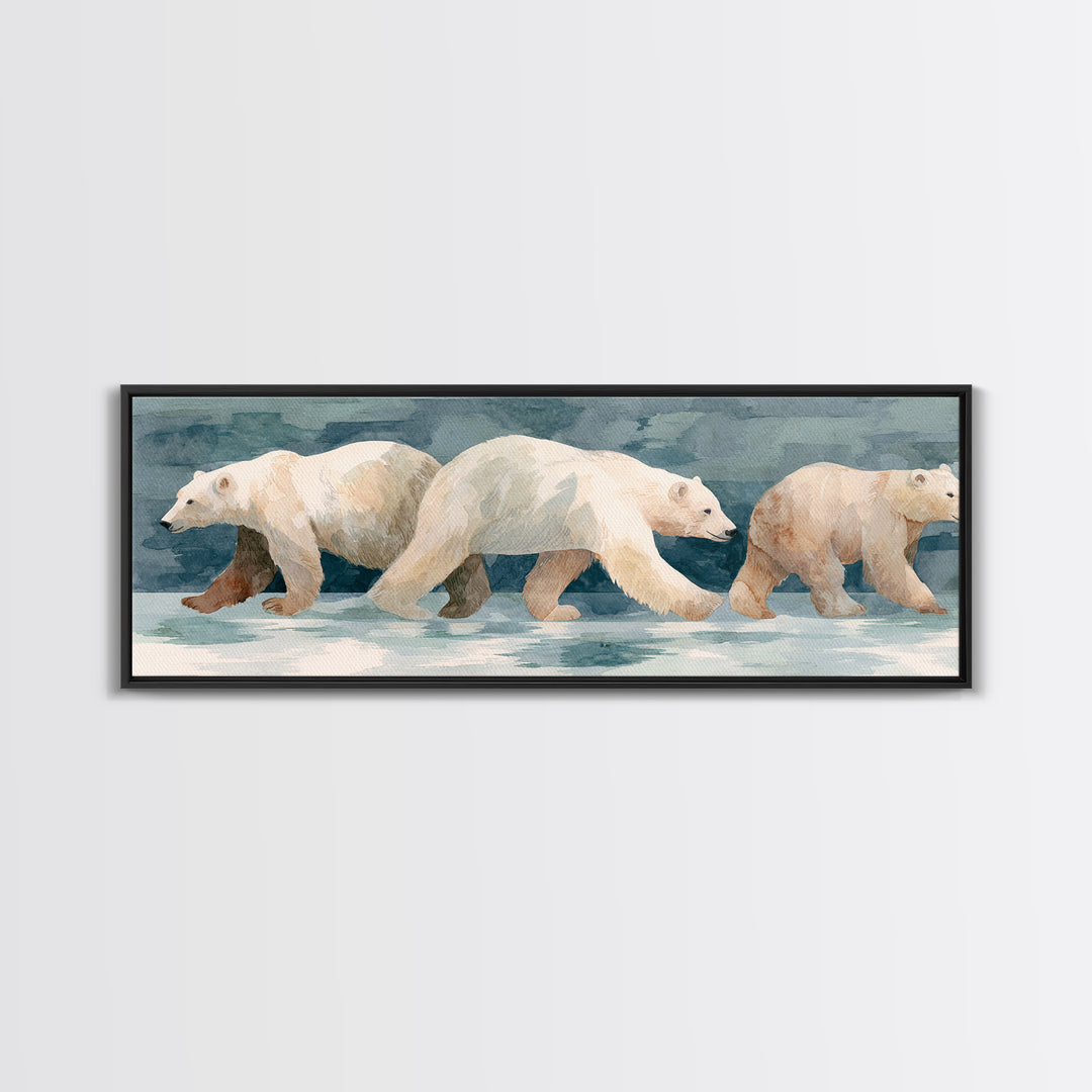Polar Bear Crossing Blue Ice Framed Canvas Print, Wildlife Art, Living Room Decor, Oil Painting, Wild, Living Room Art, WIL-3x1-79