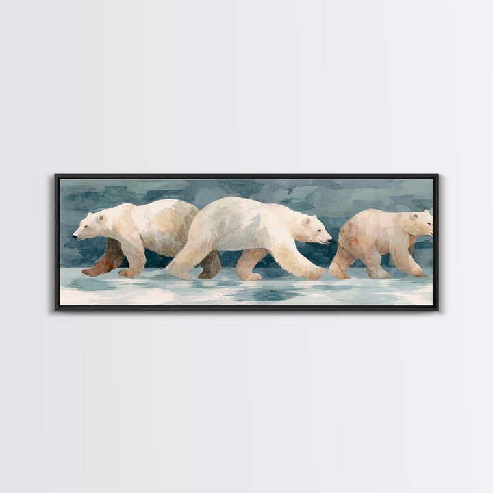 Polar Bear Crossing Blue Ice Framed Canvas Print, Wildlife Art, Living Room Decor, Oil Painting, Wild, Living Room Art, WIL-3x1-79