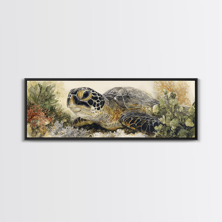 Sea Turtle over Coral Reef Framed Canvas Print, Wildlife Art, Modern Wall Art, Living Room Decor, Fine Art, Wild, Bird Wall Art, WIL-3x1-82