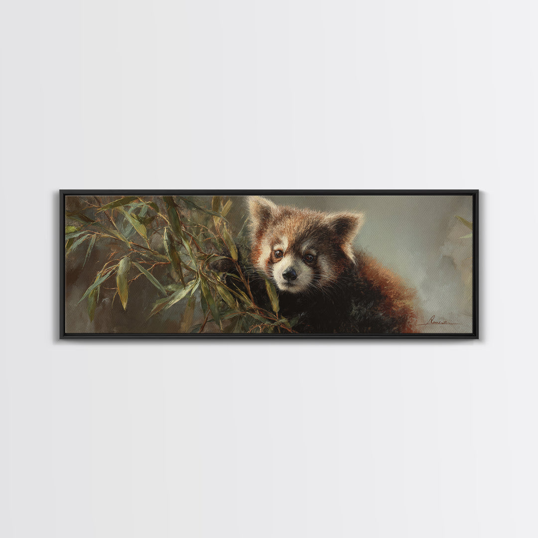 Red Panda Among Bamboo Leaves Framed Canvas Print, Wildlife Art, Wall Decor, Living Room Decor, Wild, Living Room Wall Art, WIL-3x1-84