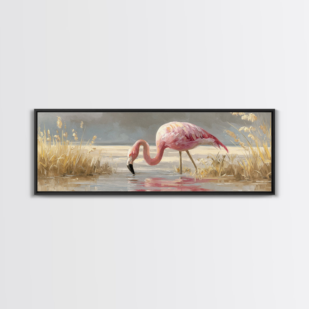 Flamingos in Pink Shallow Water Canvas Print, Wildlife Art, Canvas Wall Art, Living Room Decor, Watercolor Art, Wild, WIL-3x1-86