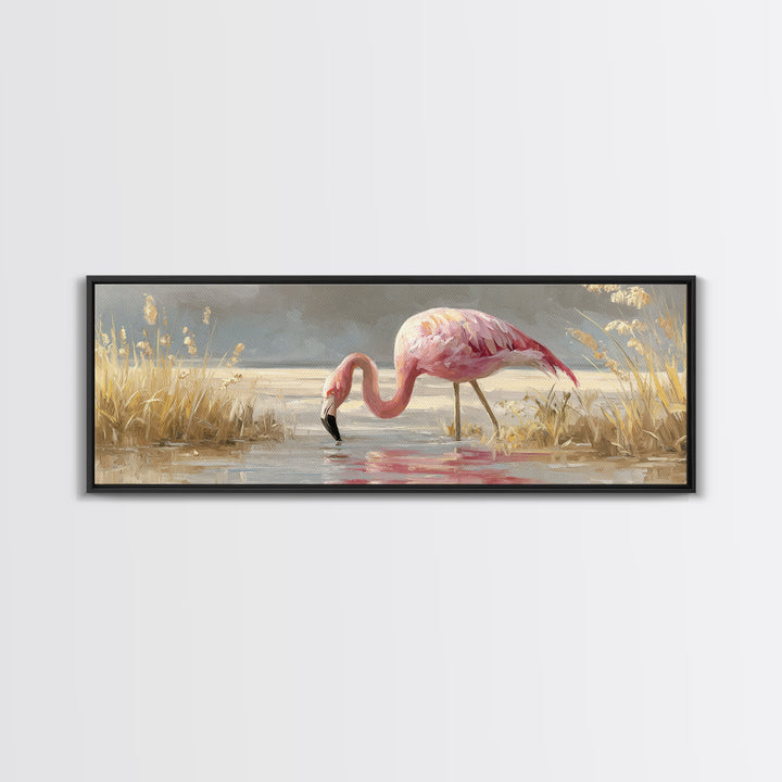 Flamingos in Pink Shallow Water Canvas Print, Wildlife Art, Canvas Wall Art, Living Room Decor, Watercolor Art, Wild, WIL-3x1-86