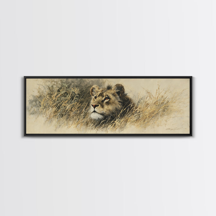 Lion Emerging from Golden Savanna Grass Framed Canvas Print, Wildlife Art, Unique Home Decor, Living Room Decor, Oil Painting, WIL-3x1-89