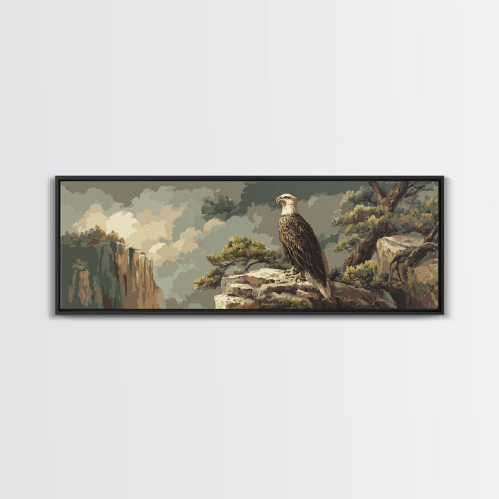 Eagle Soaring Above Rocky Cliffs Canvas Print, Wildlife Art, Bird Art, Living Room Decor, Watercolor Art, Wild, WIL-3x1-94