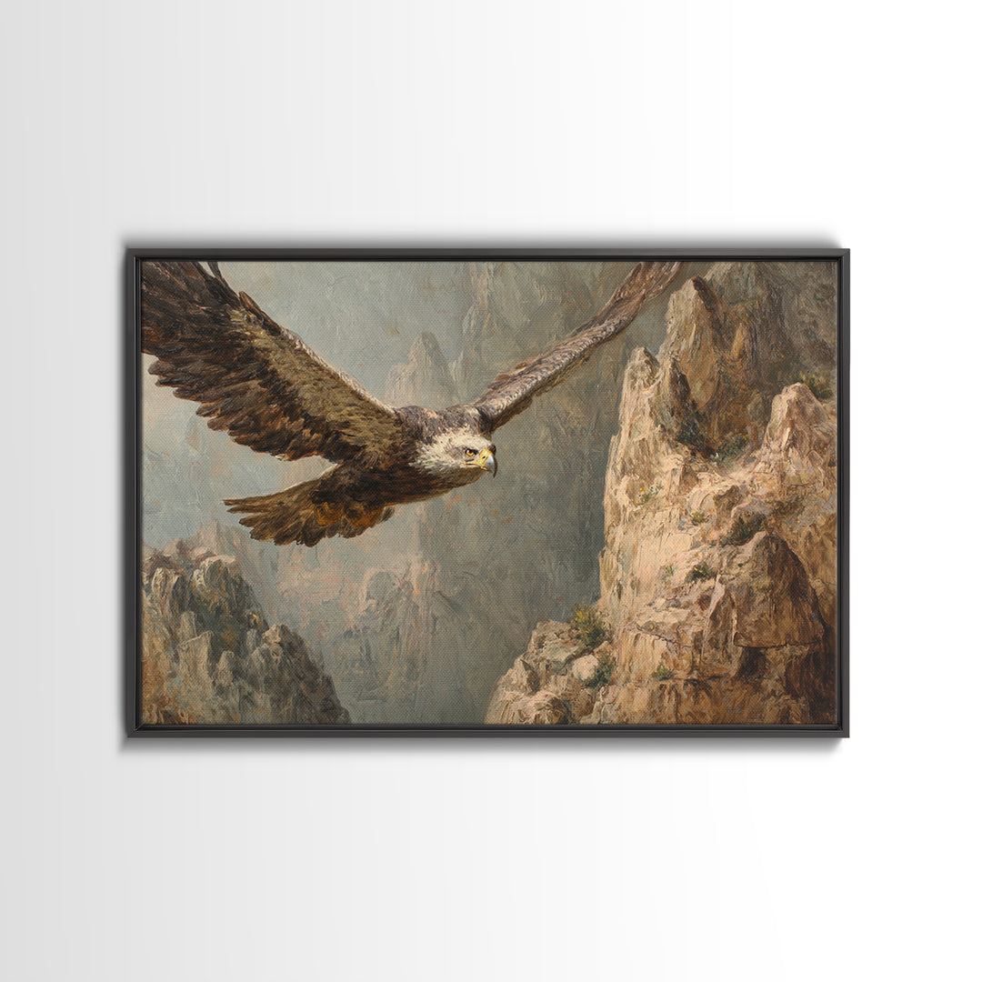 Eagle Soaring Above Rocky Cliffs Framed Canvas Print, Wildlife Art, Wall Art Print, Living Room Decor, Fine Art, Wild, WIL-3x2-10