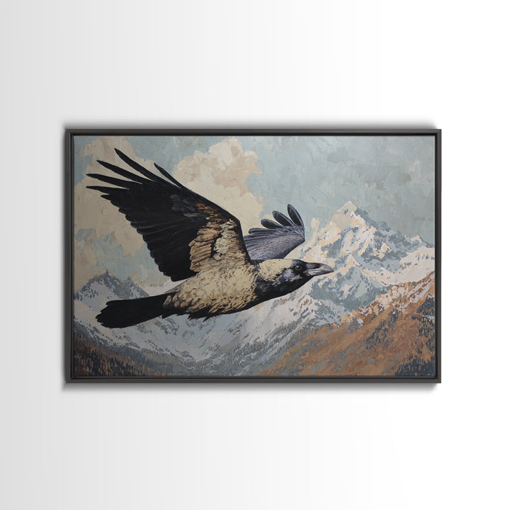 Raven Flying Through Snowy Mountains Framed Canvas Print, Wildlife Art, Fine Art Print, Living Room Decor, Fine Art, Wild, WIL-3x2-100