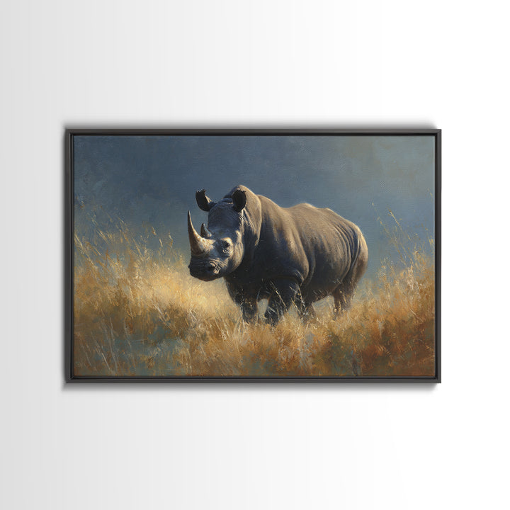 Rhino in Dramatic Stormy Light Canvas Print, Wildlife Art, Modern Wall Art, Living Room Decor, Fine Art, Wild, Bird Wall Art, WIL-3x2-12