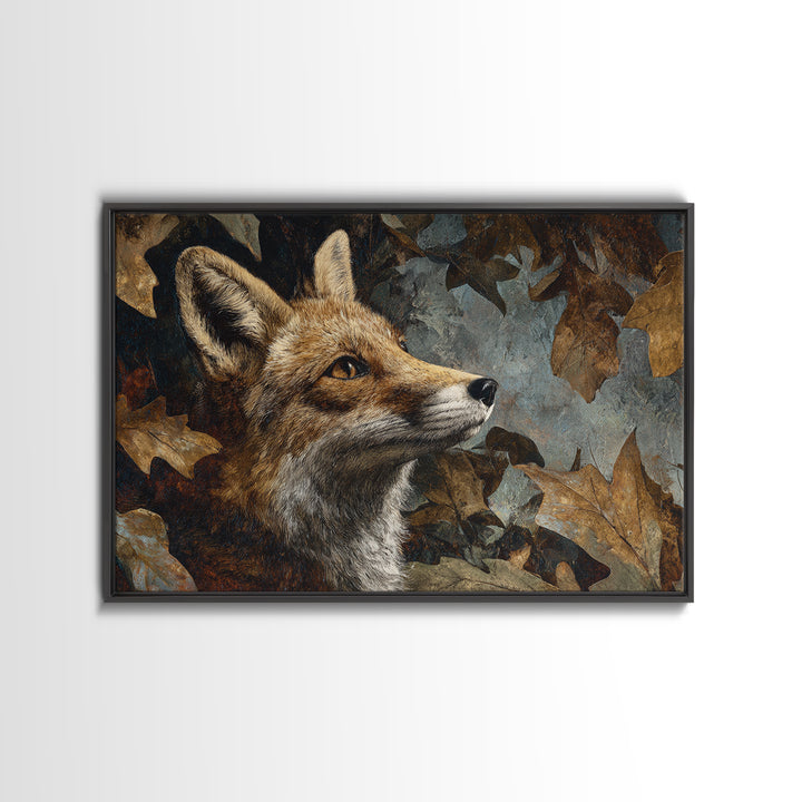 Fox in Autumn Forest Leaves Framed Canvas Print, Wildlife Art, Canvas Print, Living Room Decor, Fine Art, Wild, Forest Wall Art, WIL-3x2-13