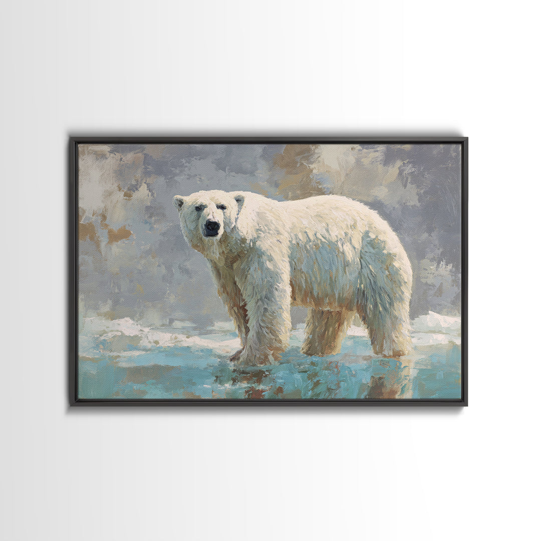 Polar Bear Crossing Blue Ice Framed Canvas Print, Wildlife Art, Living Room Art, Living Room Decor, Fine Art, Wild, Boho Decor, WIL-3x2-19