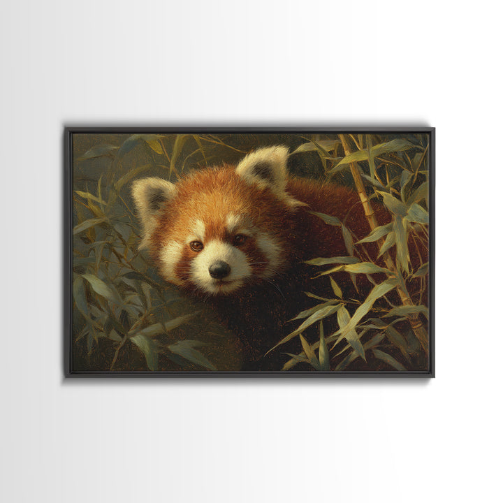 Red Panda Among Bamboo Leaves Framed Canvas Print, Wildlife Art, Canvas Print, Living Room Decor, Wild, Forest Wall Art, WIL-3x2-24