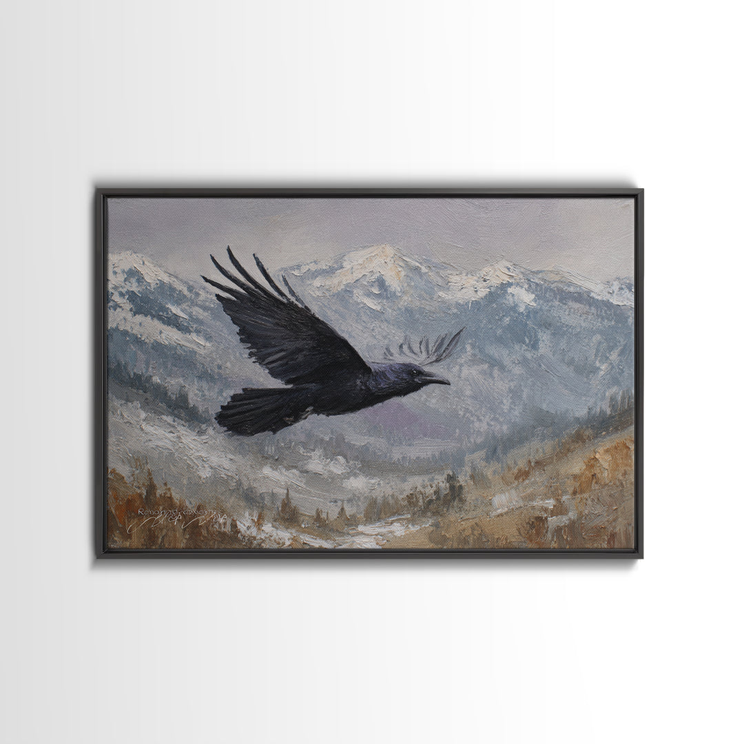 Raven Flying Through Snowy Mountains Framed Canvas Print, Wildlife Art, Living Room Decor, Watercolor Art, Wild, WIL-3x2-28