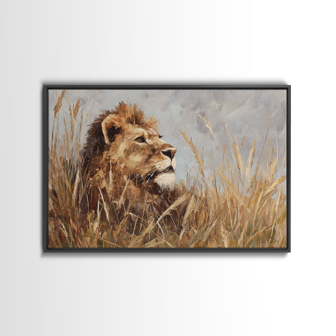 Lion Emerging from Golden Savanna Grass Canvas Print, Wildlife Art, Bird Wall Art, Living Room Decor, Fine Art, Wild, WIL-3x2-29