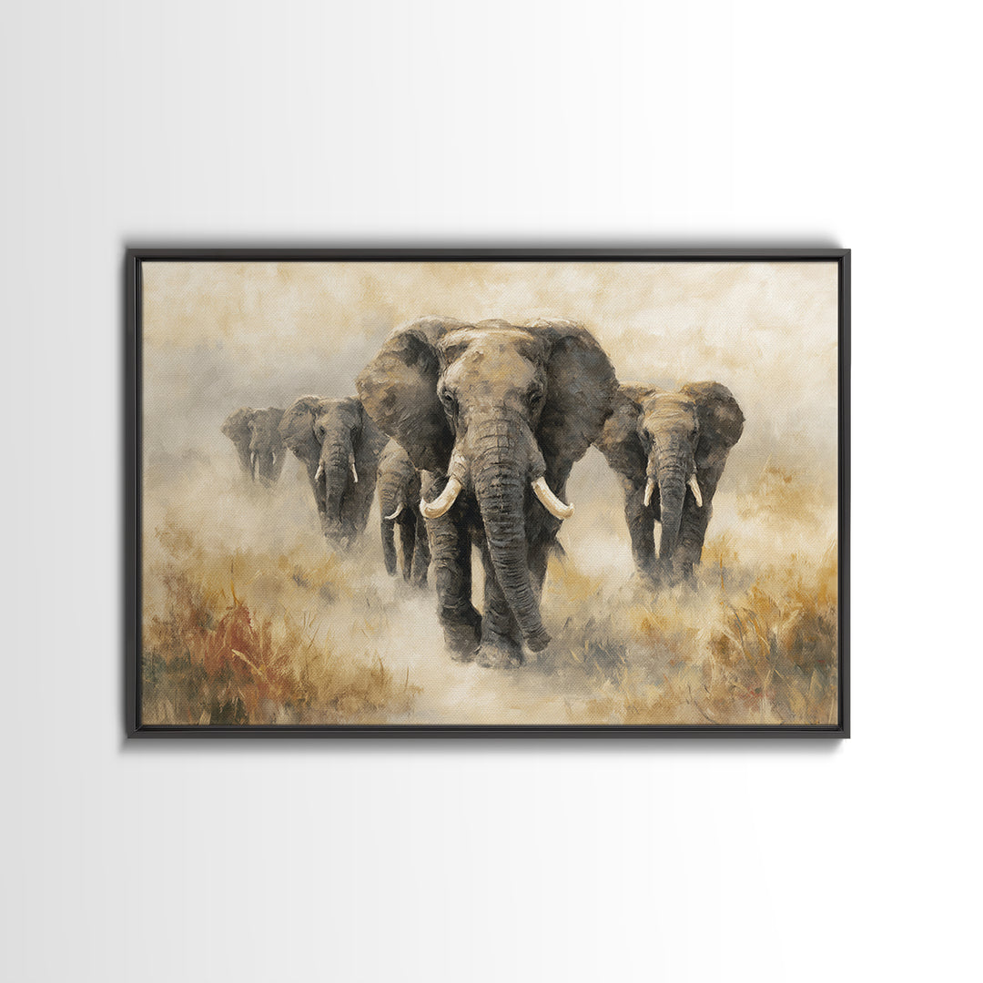 Elephant Herd Walking Through Dusty Sunset Canvas Print, Wildlife Art, Living Room Wall Art, Living Room Decor, Fine Art, Wild, WIL-3x2-30