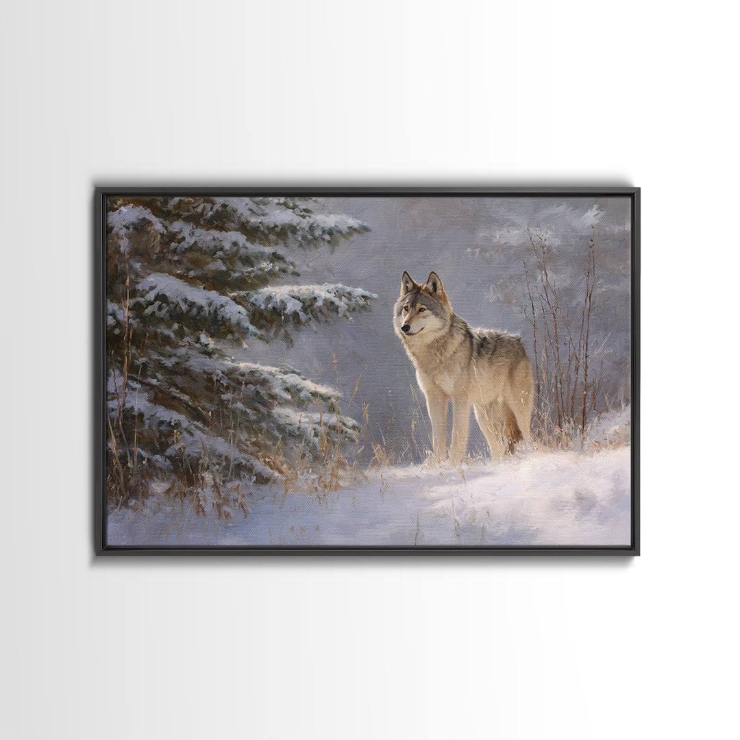 Wolf Standing Beneath Snowy Pine Trees Framed Canvas Print, Wildlife Art, Canvas Painting, Living Room Decor, Fine Art, Wild, WIL-3x2-31