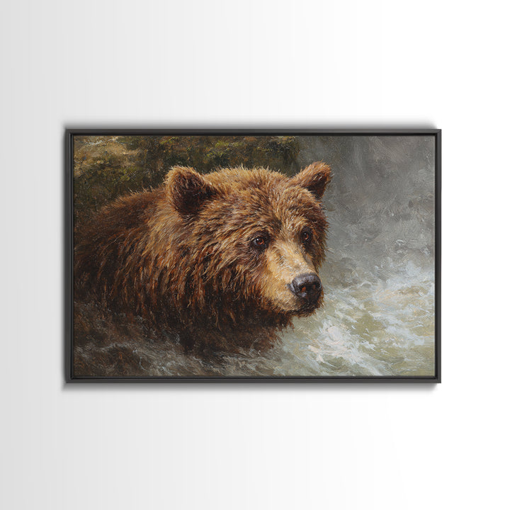 Bear Fishing in Rushing Mountain River Canvas Print, Wildlife Art, Bird Art, Living Room Decor, Oil Painting, Wild, WIL-3x2-32