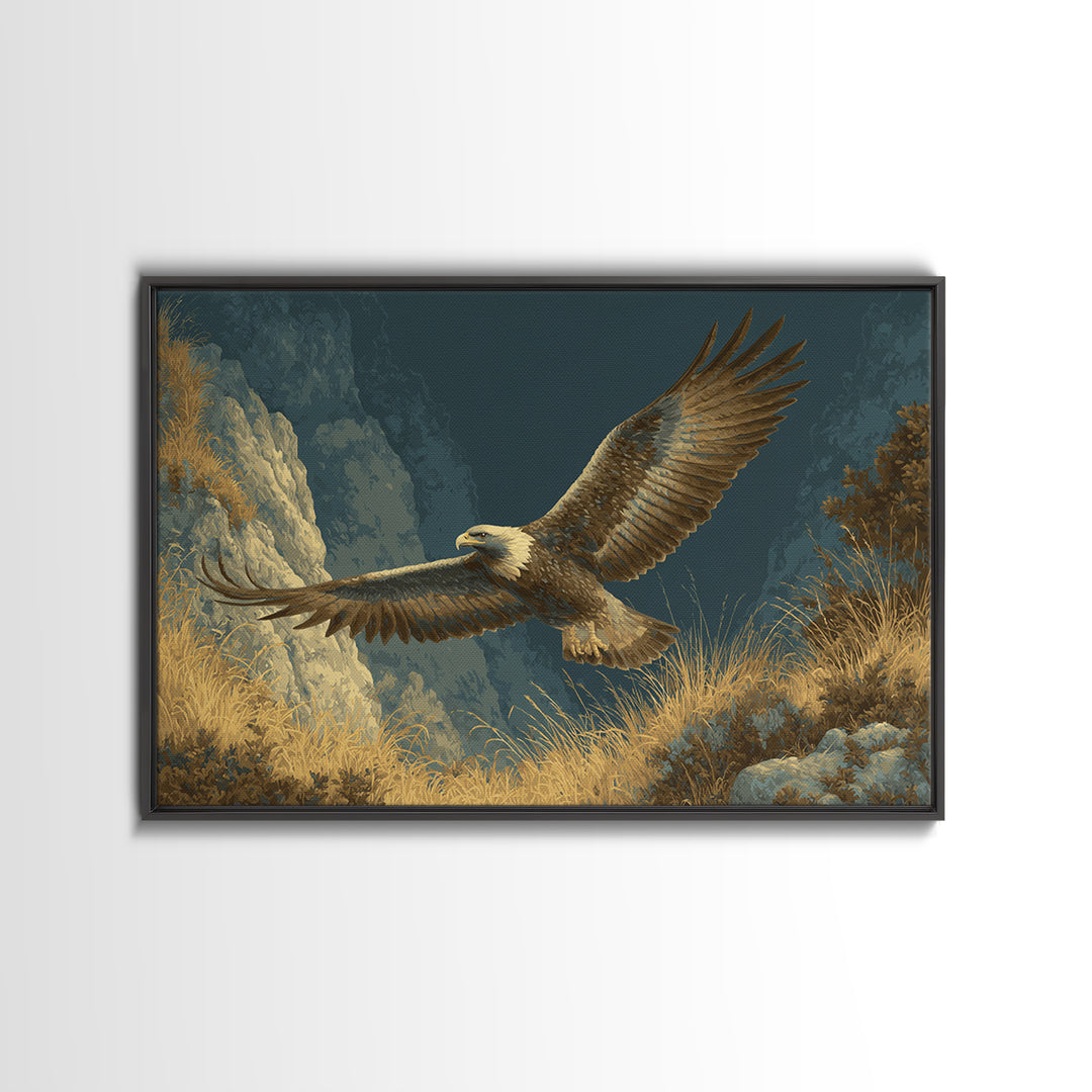 Eagle Soaring Above Rocky Cliffs Canvas Print, Wildlife Art, Bird Art, Living Room Decor, Watercolor Art, Wild, WIL-3x2-34