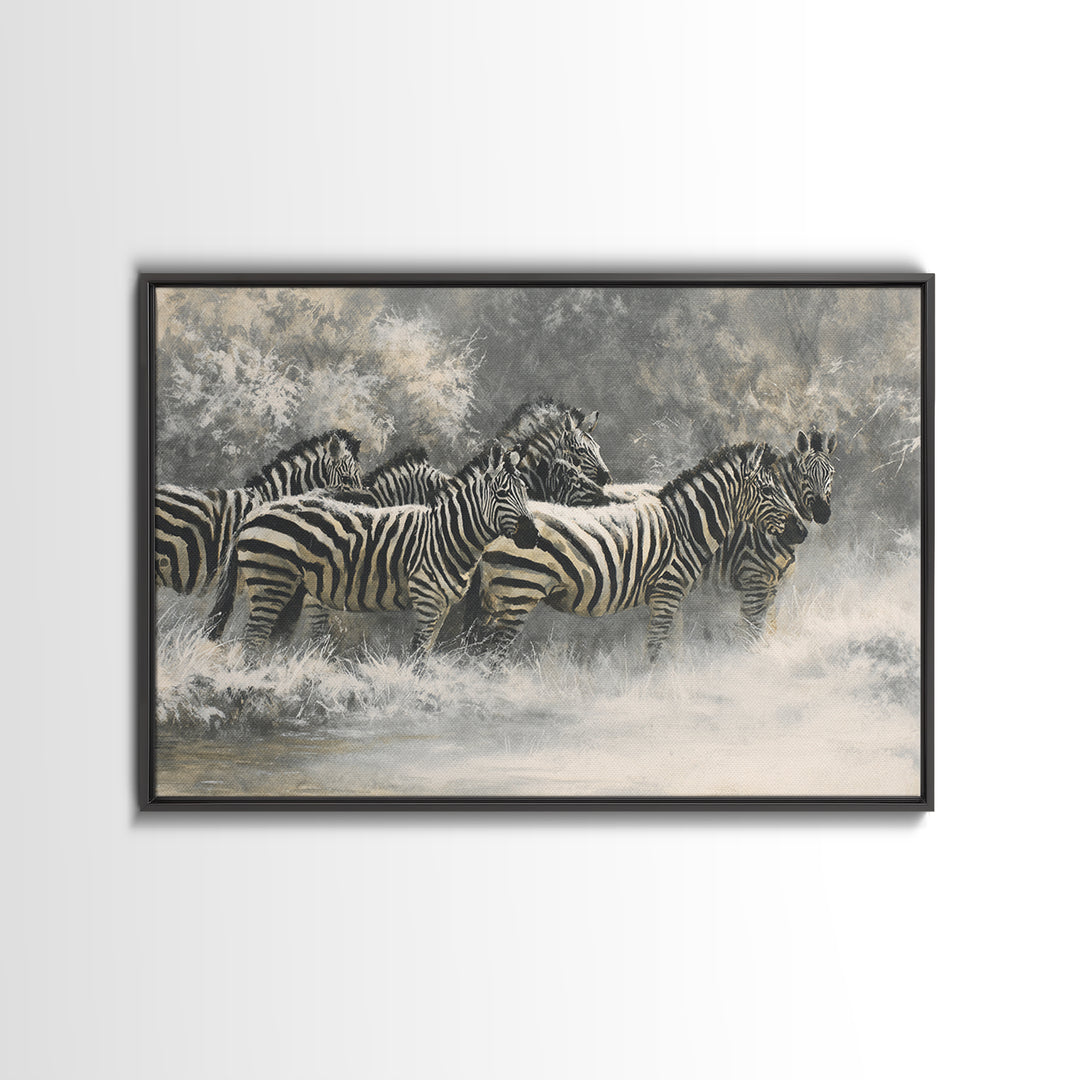 Zebra Herd in Graphic Black and White Framed Canvas Print, Wildlife Art, Neutral Decor, Living Room Decor, Fine Art, Wild, WIL-3x2-39